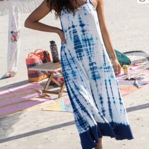Natural Life Indigo Tie-Dye Maxi Cotton Gauzy Beach Vacation Strap Dress Resort